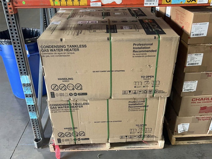 Water heaters in a plumbing supply warehosue